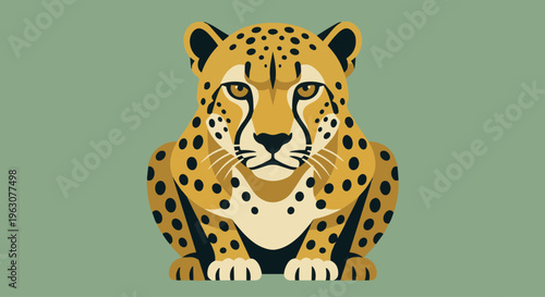A minimalist flat vector illustration of a sitting cheetah, using a limited color palette of mustard yellow, deep black, and cream. Clean, sharp lines and solid geometric shapes.
