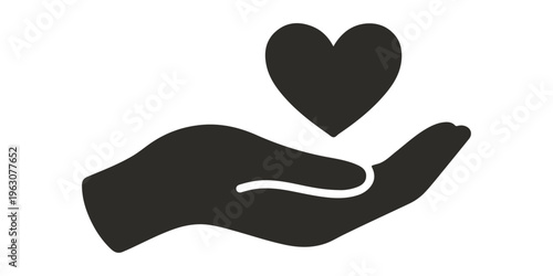 A red heart shape held by a human hand silhouette icon represents a romantic valentine love symbol and care concept illustration in this vector art design