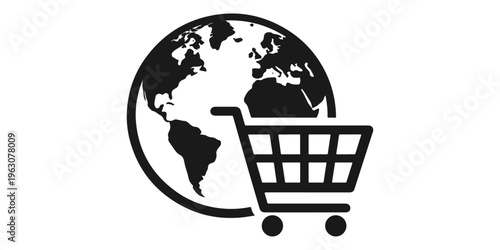 A global e-commerce illustration featuring a shopping cart carrying the earth globe symbol to represent online business and retail sales across the world market