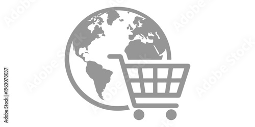 A global e-commerce icon featuring a shopping cart with an earth globe symbolizes online retail business and worldwide market commerce on a web store button