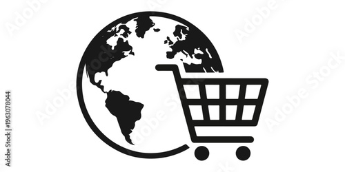 Global e-commerce shopping cart icon featuring a green tree inside a retail basket to symbolise sustainable online business and eco-friendly market growth on a web button