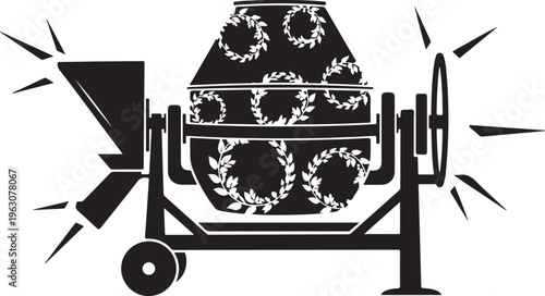 Black and white of a concrete mixer with laurel wreath pattern