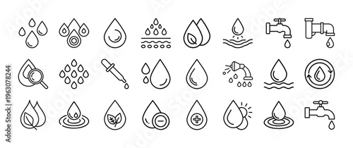 Collection of various simple black line icons representing water