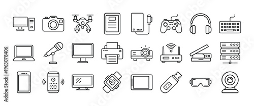 Collection of modern electronic devices and gadgets for entertainment and work