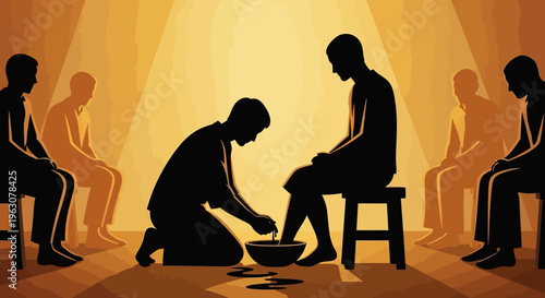 A man humbly washes the feet of another man, symbolizing service and humility.