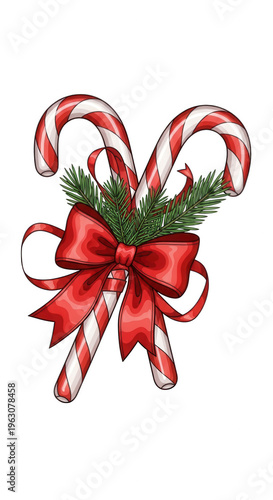 A red bow with two candy canes and a pine branch isolated on transparent background