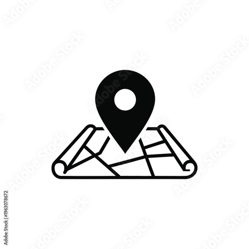 A map pin icon marks a location on a crumpled paper with lines.