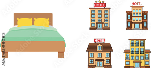 Hotel accommodation vector illustration featuring bed furniture and various hotel building facades in modern flat design for travel and hospitality concept