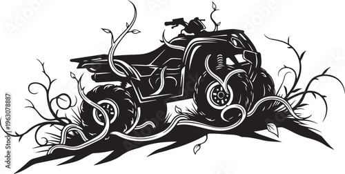 Black and white of abandoned atv overgrown with vines