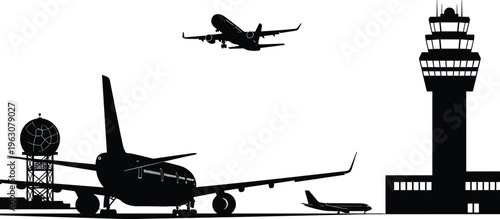 Airport silhouette illustration airplanes runway radar control tower aviation transport travel vector isolated on white background modern air traffic concept