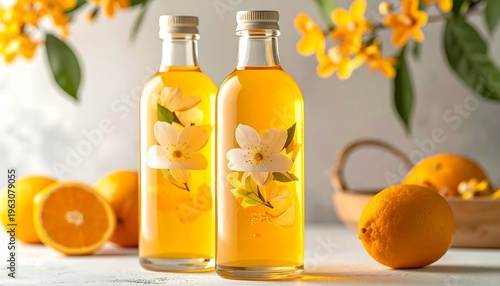 Two bottles of orange liqueur infused with orange blossoms and fresh oranges.