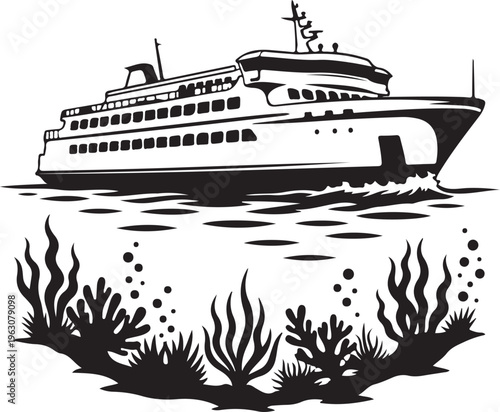 Black and white of cruise ship sailing over seaweed