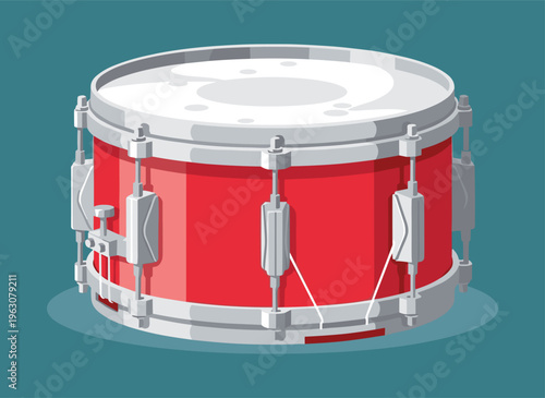 Red snare drum illustration with metallic hardware and white drumhead, symbolizing percussion, rhythm, music performance, band instrument, and sound design.