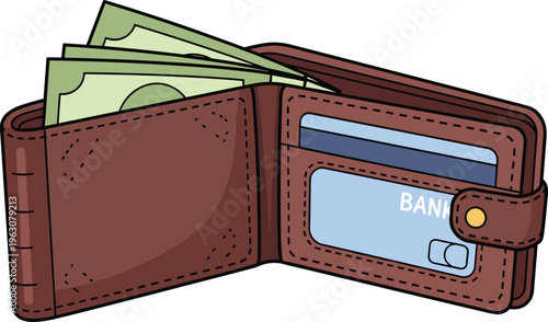 Open brown leather wallet illustration with cash and bank cards, symbolizing finance, money, transactions, savings, organization, and everyday personal accessory.