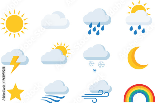 Set of twelve weather icons including sun, cloud, rain, lightning, snow, wind, moon, star, and rainbow, symbolizing forecast, climate, and meteorology.