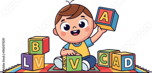 Cartoon child playing with colorful alphabet blocks on mat, symbolizing early childhood learning, education, play, motor skills, and preschool development.