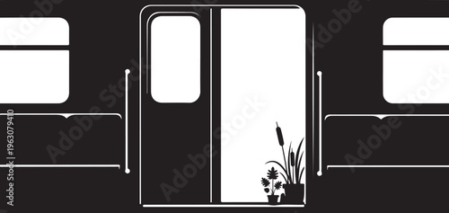 Black and white of subway train interior with plants on door ledge