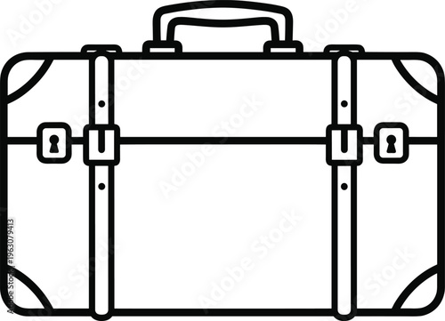 Vintage suitcase line drawing with straps, buckles, and reinforced corners, symbolizing travel, adventure, exploration, portability, luggage design, and classic journey inspiration.