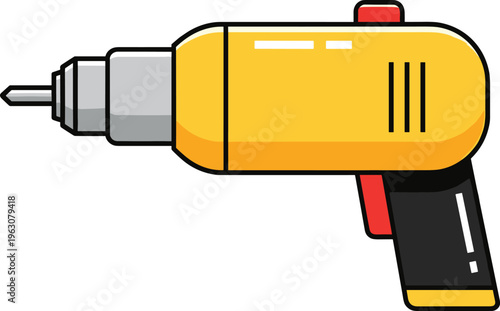 Cartoon power drill illustration with yellow body, gray drill bit, black handle, and red trigger, symbolizing construction, DIY projects, and tools.