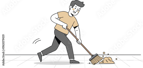 Flat vector illustration of person sweeping tiled floor with broom, symbolizing cleaning, hygiene, household chores, dust removal, tidy home maintenance, minimal lifestyle routine.