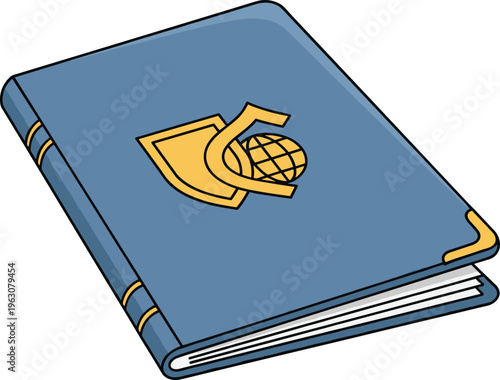 Closed blue book with golden emblem of shield and globe, symbolizing international studies, global knowledge, education, academic learning, geography, and scholarly wisdom.