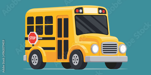 Cartoon yellow school bus illustration with stop sign, symbolizing transportation, safety, education, childhood, and student travel.