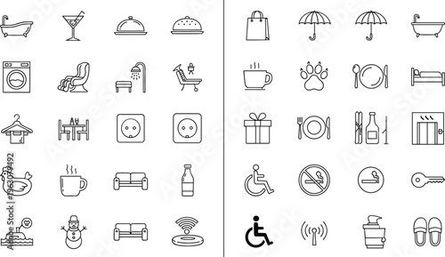 Hotel amenities and lifestyle line icon set featuring bathroom, dining, accessibility, pets, gifts and accommodation services vector illustration