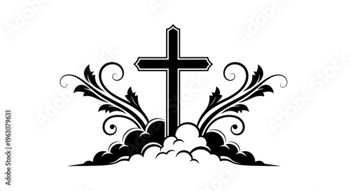 Christian Cross with Ornate Floral and Cloud Embellishments.