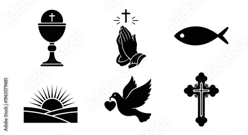 Collection of Christian religious symbols in black silhouette.