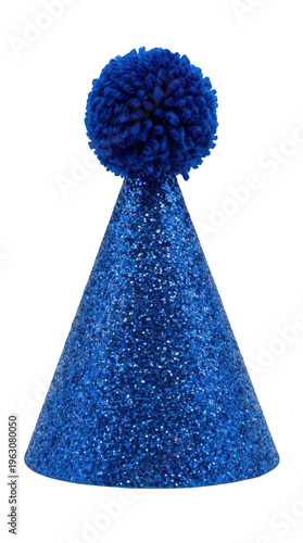 Blue glitter party hat with pom pom on top isolated on transparent background