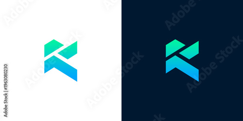 Modern and abstract letter K or R logo design, featuring a dynamic green to blue gradient. This sleek, geometric emblem is perfect for technology, consulting, or corporate branding