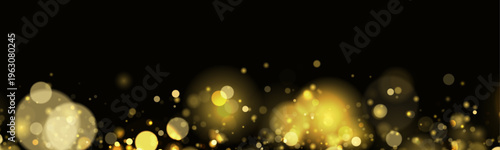 Golden dust sparkles in soft night light, shimmer, twinkle, glitter over dark bokeh. Bokeh, stardust, highlights flare while sparks, lens flare, glare, and magical festive glow, vector illustration. 