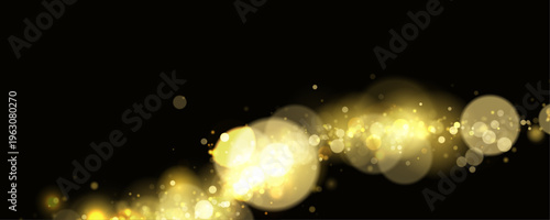 Yellow dust glimmers in glowing light with sparkle, shimmer, glitter dark bokeh. Twinkle particles, stardust highlights flare sparks, lens flare, glare, and magical festive glow, vector illustration. 