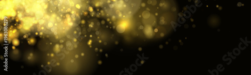 Golden glitter dust floats in night light, scattering sparkle, shimmer, twinkle bokeh. Sparks, stardust, highlights, flare, lens flare, glare magical festive vector illustration over dark background.