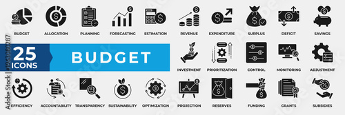 Budget icon collection set . Containing business, planning, money management, cash flow, savings, spending, income, allocation, budgeting, cost estimate and more. Simple solid vector illustration.