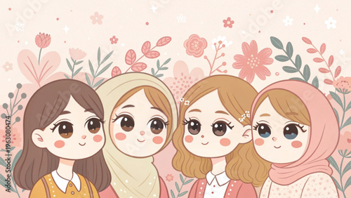 soft anime kawaii illustration of five women background 