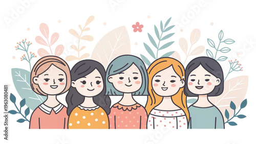 soft anime kawaii illustration of five women background 