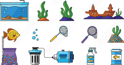 Set of 12 Aquarium and Fish Tank Icons Including Fish, Tank, Plants, Filter, and More for Aquatic Life, Aquarium Care, and Fish Tank Design Projects
