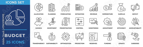 Budget icon set. Containing business, planning, money management, cash flow, savings, spending, income, allocation, budgeting, cost estimate and more. Line vector icons collection.