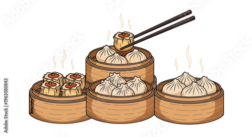 Steamed dumplings in bamboo steamer baskets.