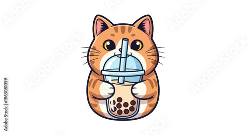 Cartoon cat eating boba tea.