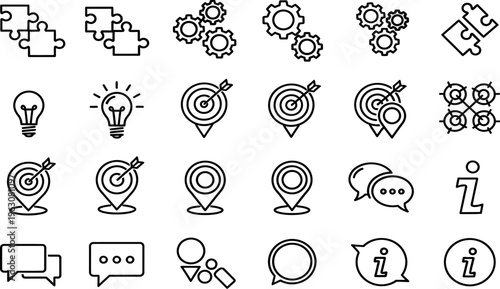 A collection of 20 black and white line icons related to business communication and strategy on a white background