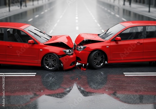 Two red cars crashed on wet city street road accident