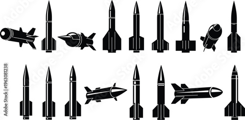Black missile and rocket silhouettes collection, military weapon icons set, ballistic defense arsenal illustration isolated on white background vector clean