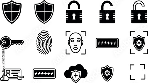 Security and protection icons set including locks shields and biometric symbols
