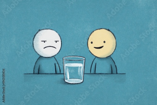 Two cartoon figures with glass of water illustrate optimism versus pessimism