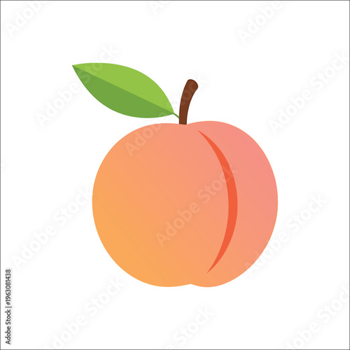 Minimalist peach fruit vector illustration, fresh organic peach with green leaf, flat design nectarine icon for healthy food branding and packaging