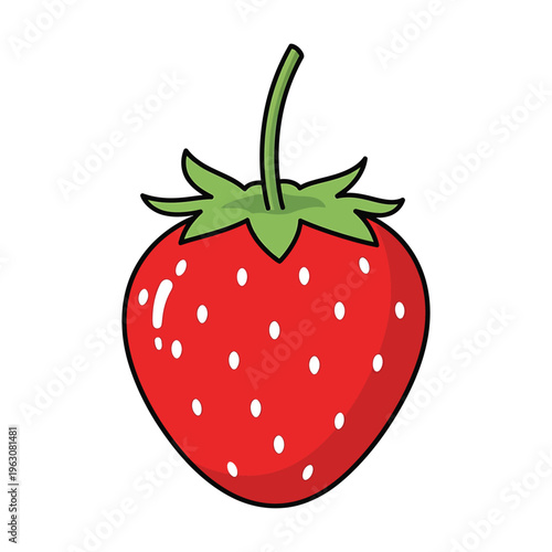 Red strawberry vector illustration, ripe garden berry with green stem, fresh organic fruit icon for food packaging and healthy lifestyle designs