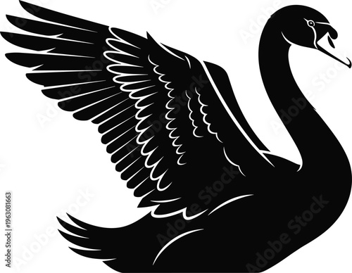 Swan silhouette with raised wings, elegant bird design, graceful nature symbol, decorative wildlife artwork, beauty transformation icon, flat vector illustration