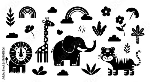 Black silhouette safari animals and nature elements for kids.